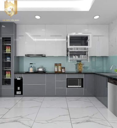 Tủ chữ L mẫu 1 – Giải pháp lưu trữ thông minh cho không gian bếp hiện đại